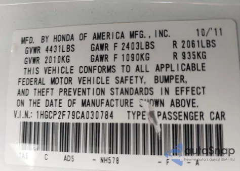 2012 Honda Accord 2.4 Ex from USA, damaged, VIN 1HGCP2F79CA030784